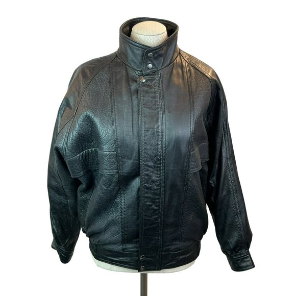 deNaive Leather Moto Bomber Jacket Womens Large Black Snap High Collar
